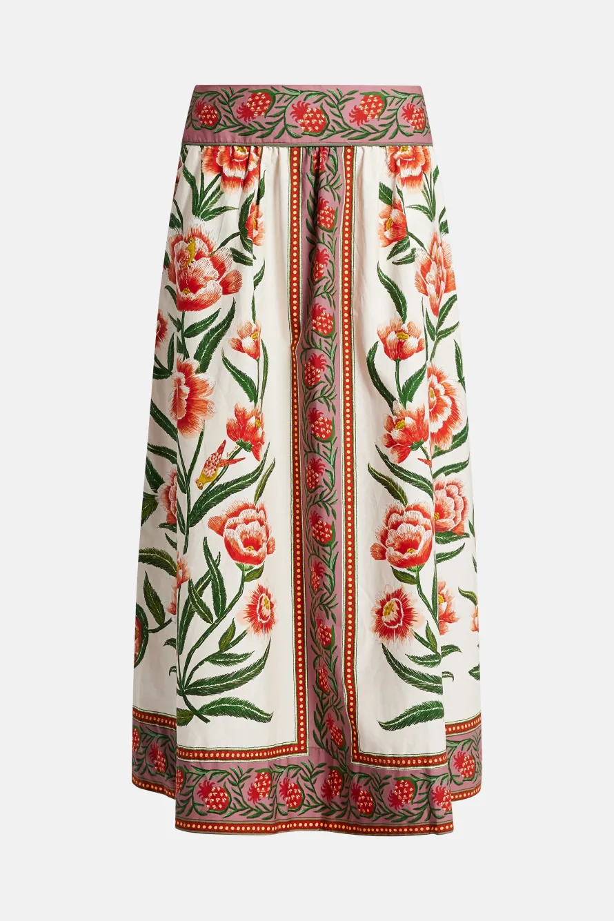 Ainika Delicate Floral Cotton Midi Skirt in White and Orange