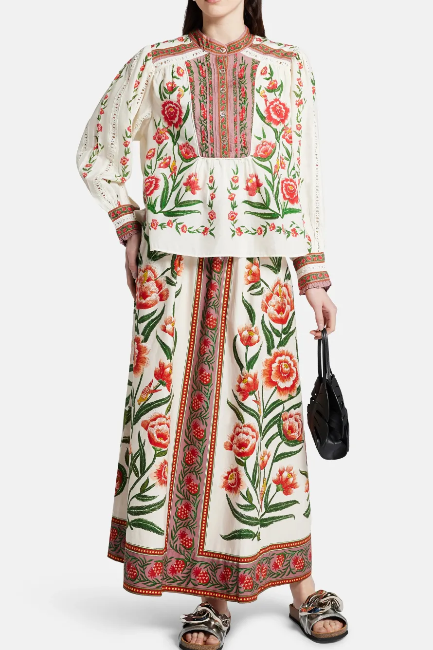 Ainika Delicate Floral Cotton Midi Skirt in White and Orange