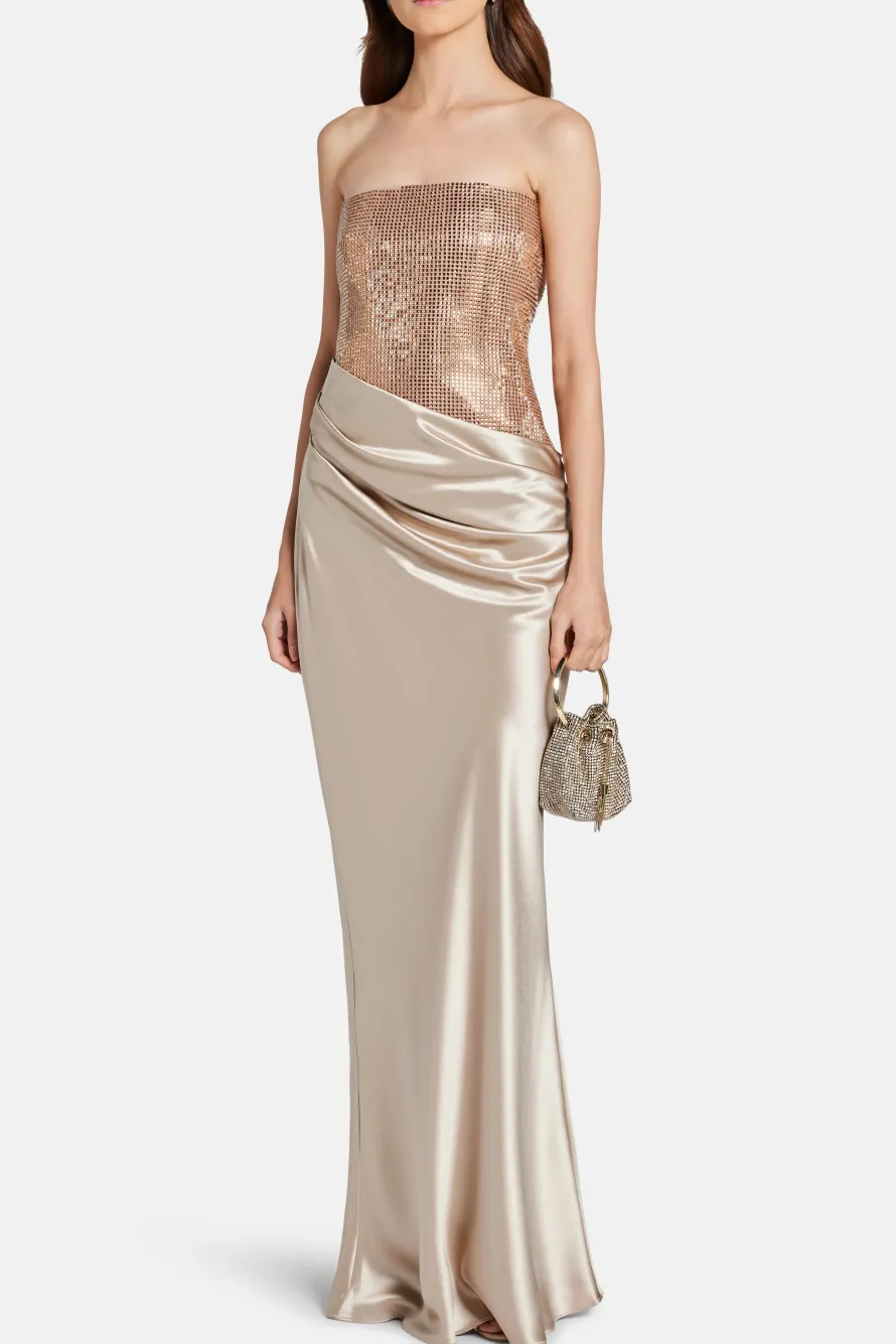 Alexandra Off Shoulder Sequin Evening Dress in Cream and Gold