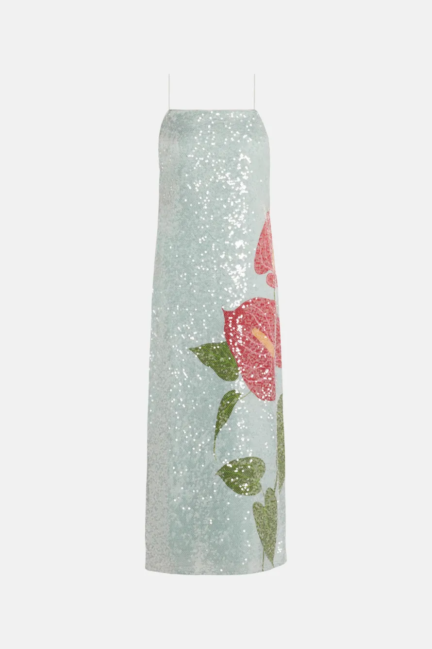 Anthurium Flowers Sequin Slip Maxi Dress