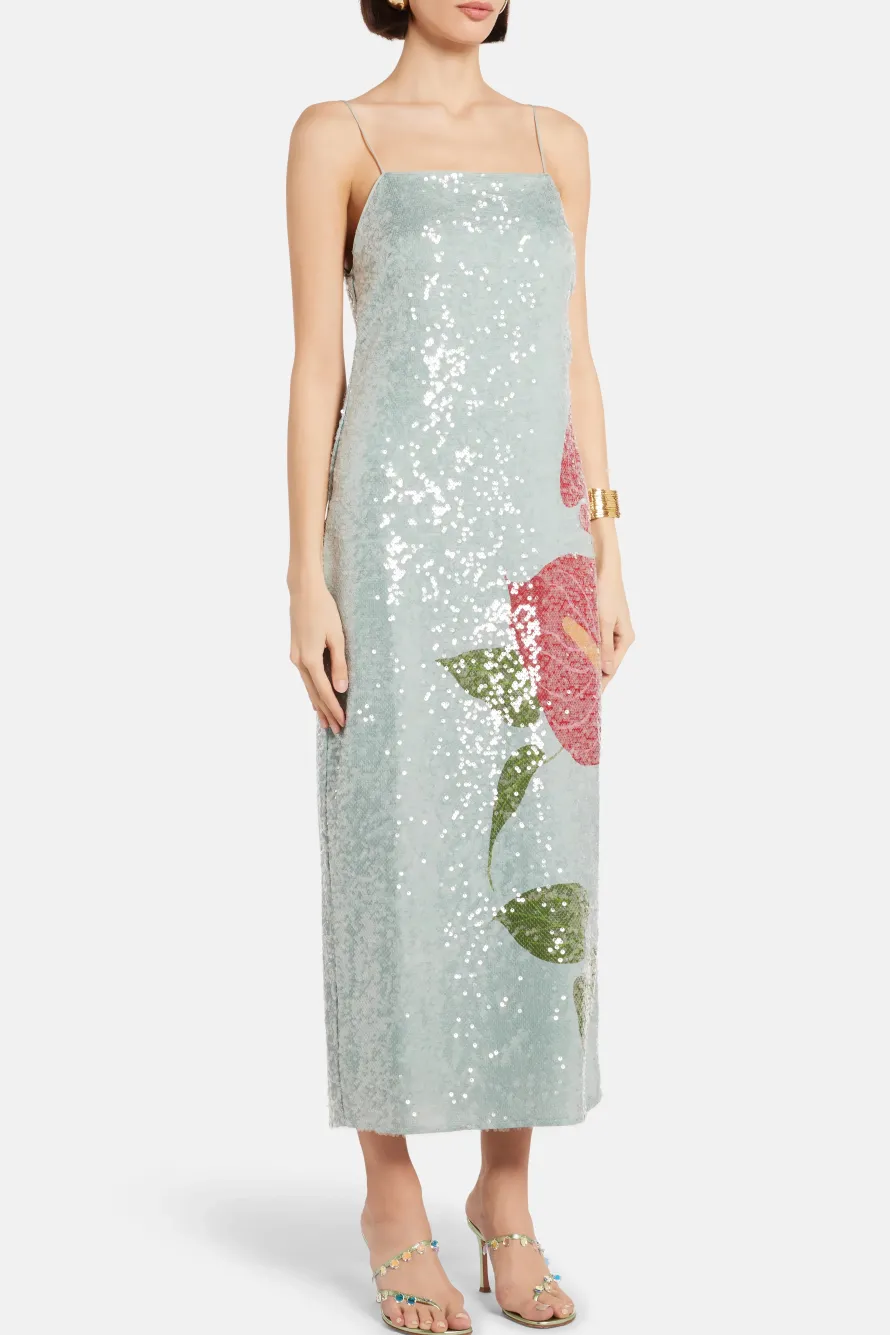 Anthurium Flowers Sequin Slip Maxi Dress