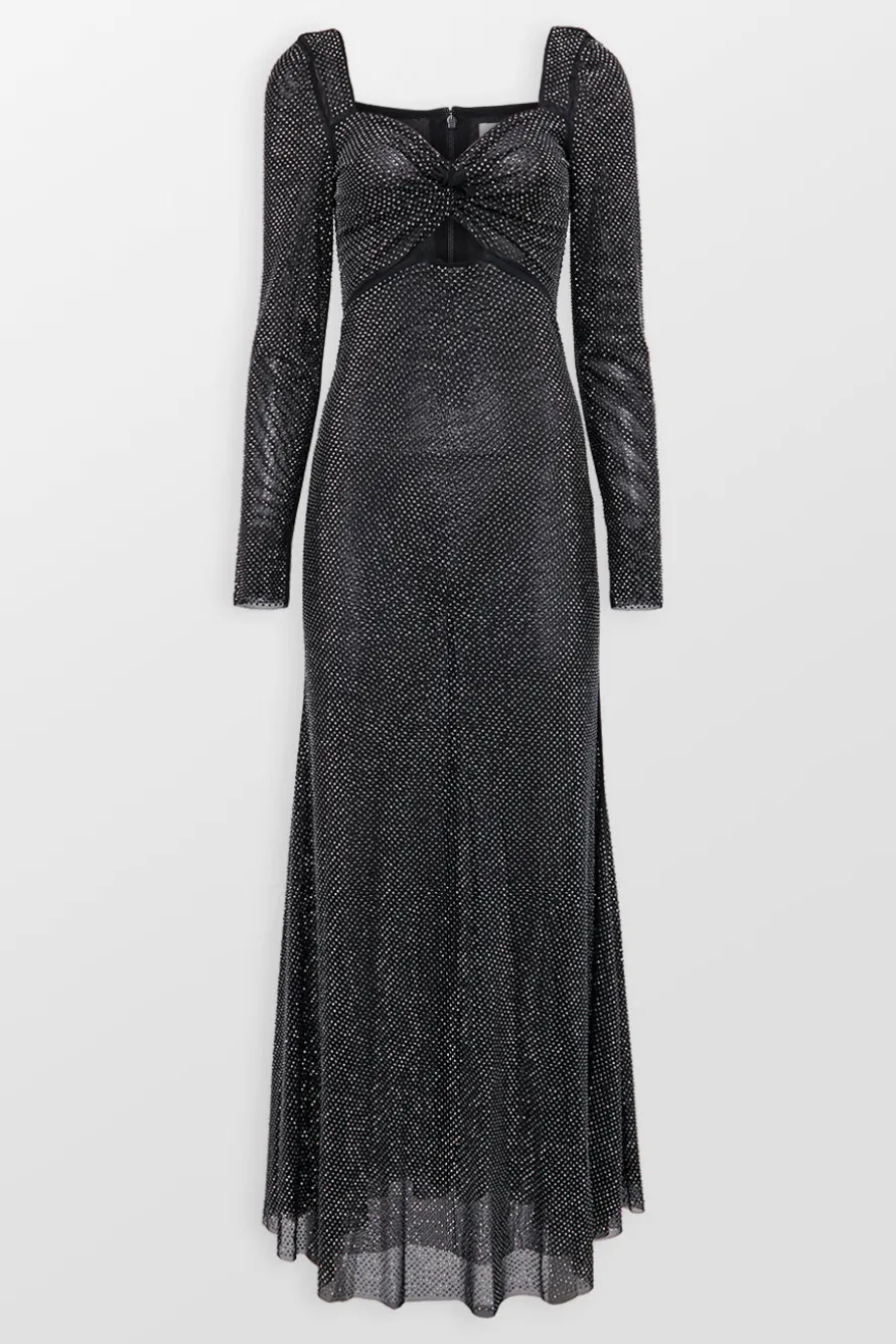 Black Rhinestone Mesh Midi Dress