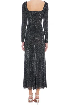 Black Rhinestone Mesh Midi Dress