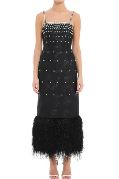 Bustier Midi Dress With Crystal Details & Feathers