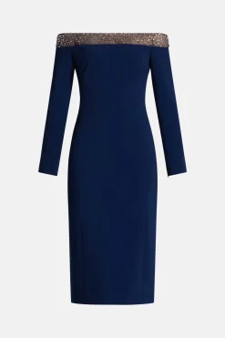 Calypso Off Shoulder Embellished Cocktail Midi Dress in Navy Blue