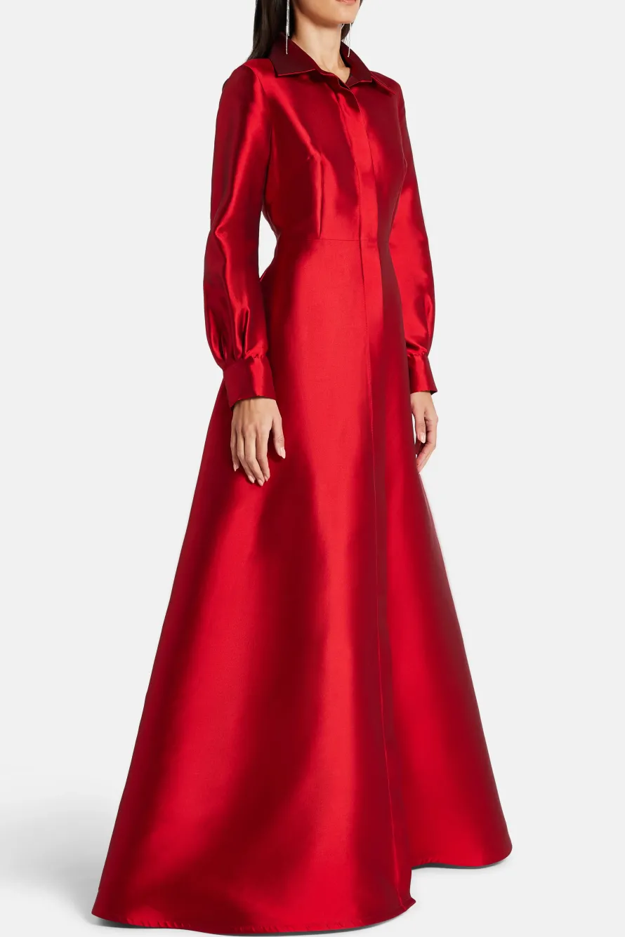 Collared Shirt Silk Blend Evening Gown in Red