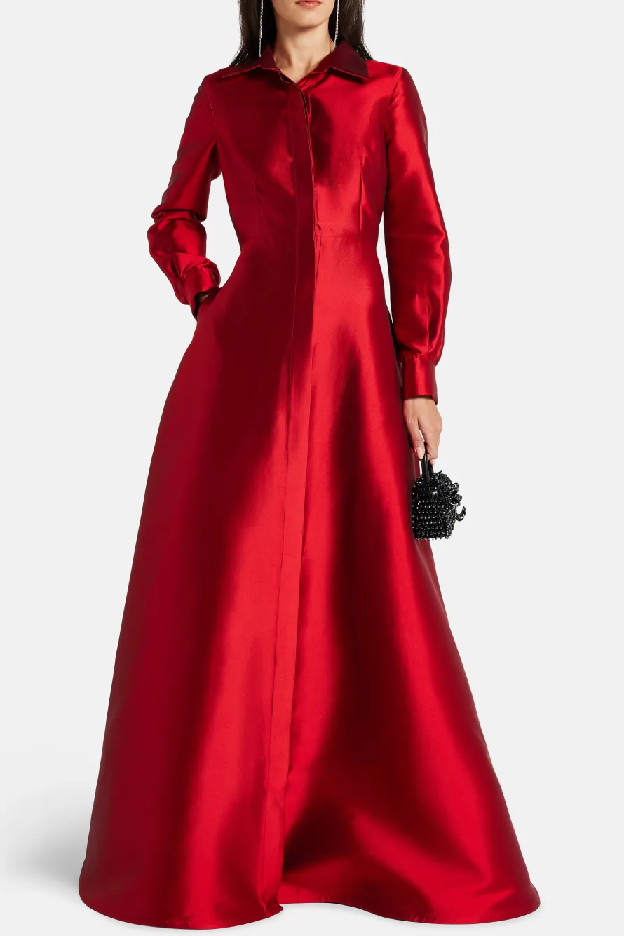 Collared Shirt Silk Blend Evening Gown in Red