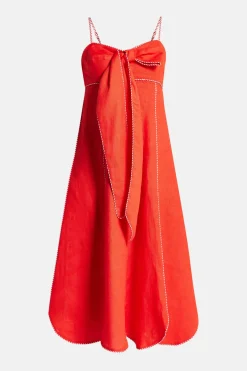 Cotton Sleeveless Bow Detail Midi Dress in Red