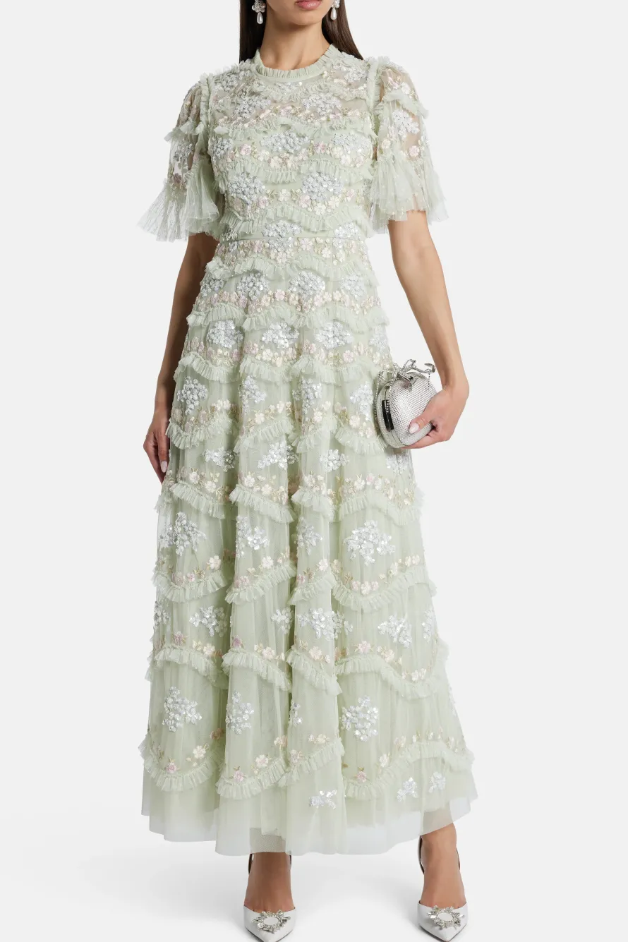 Daisy Wave Sequin Midi Dress in Green