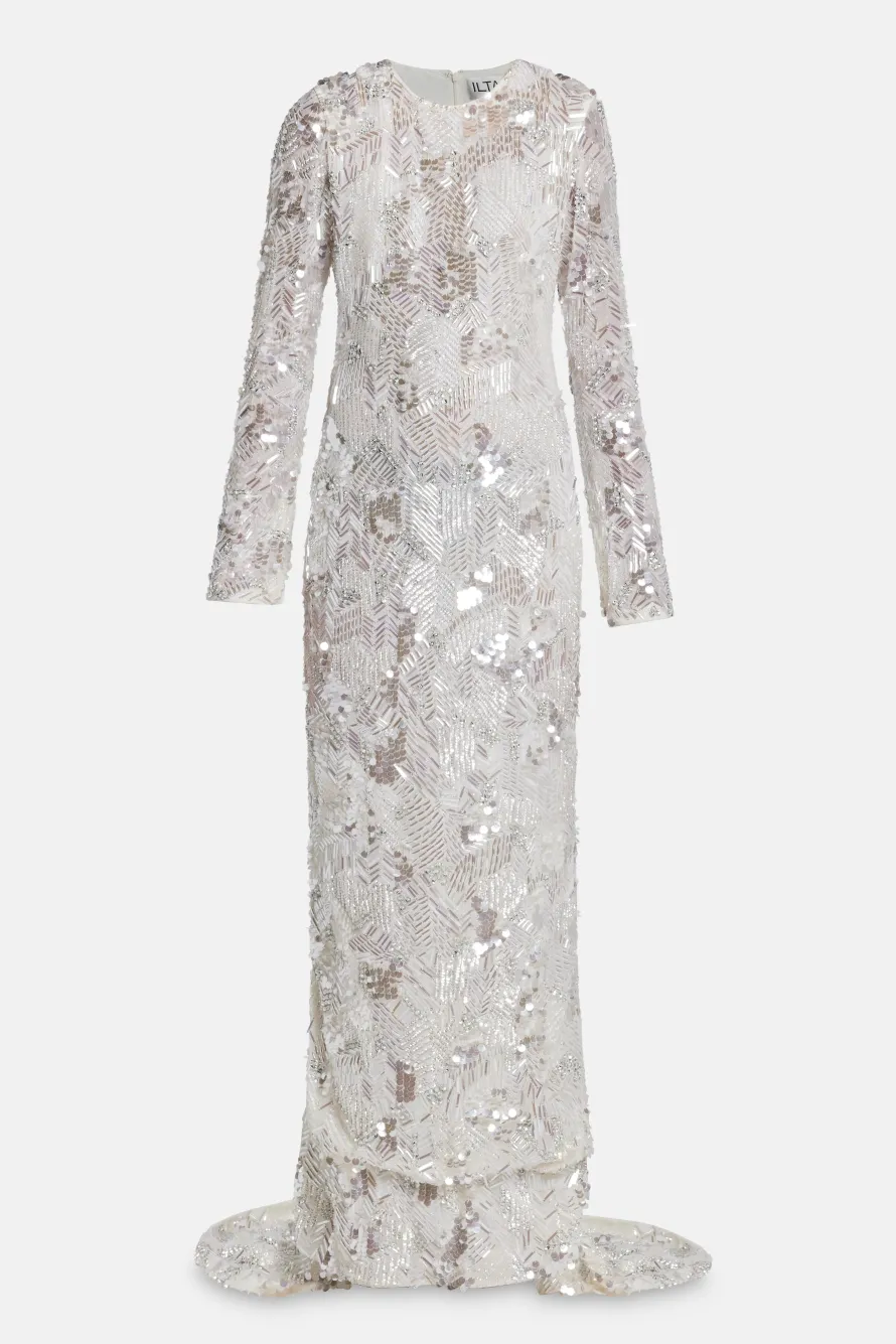 Darina Sequins Embellished Evening Gown in Silver