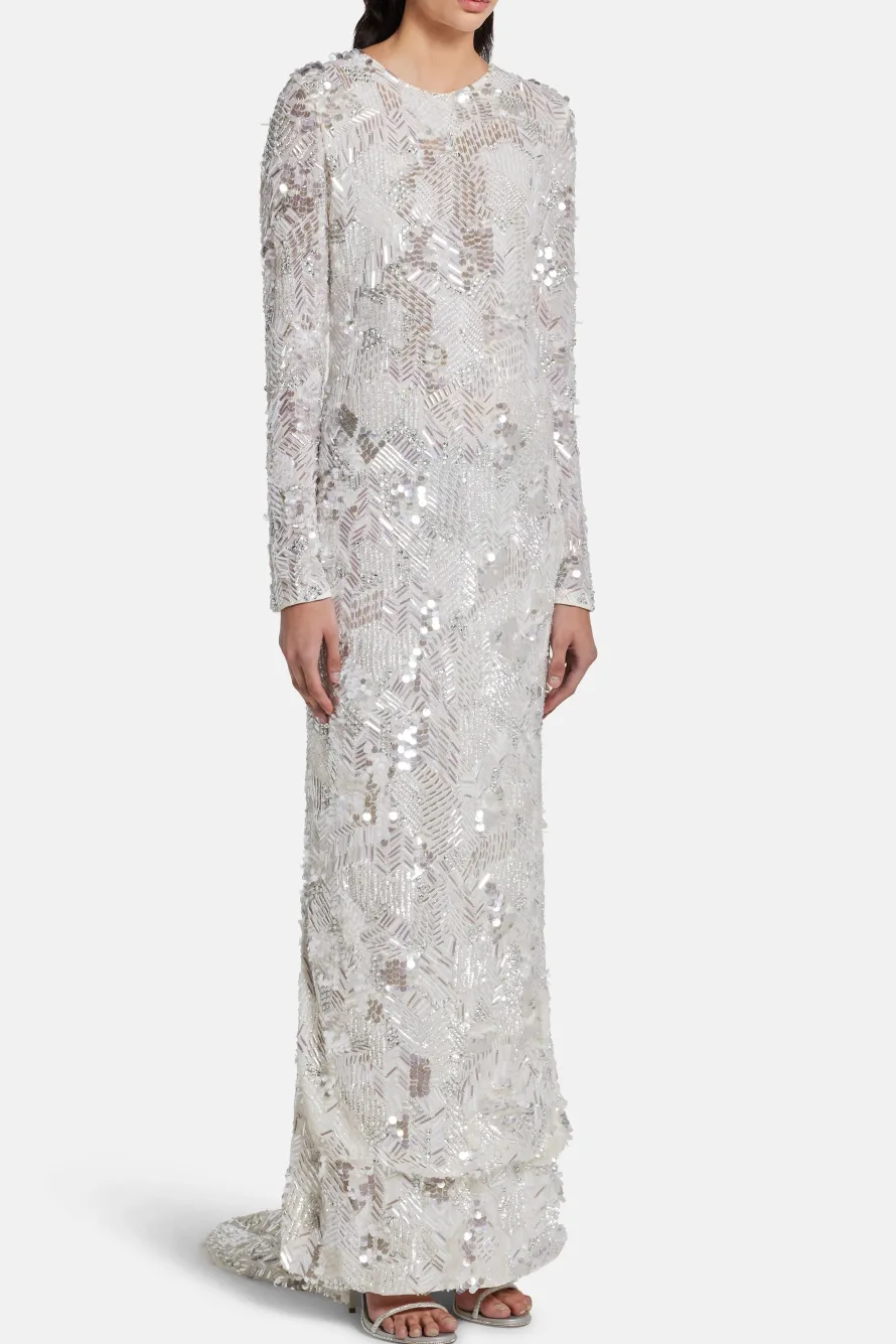 Darina Sequins Embellished Evening Gown in Silver