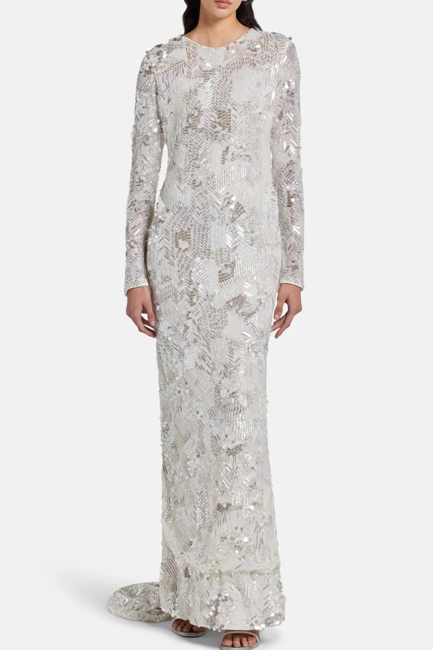 Darina Sequins Embellished Evening Gown in Silver