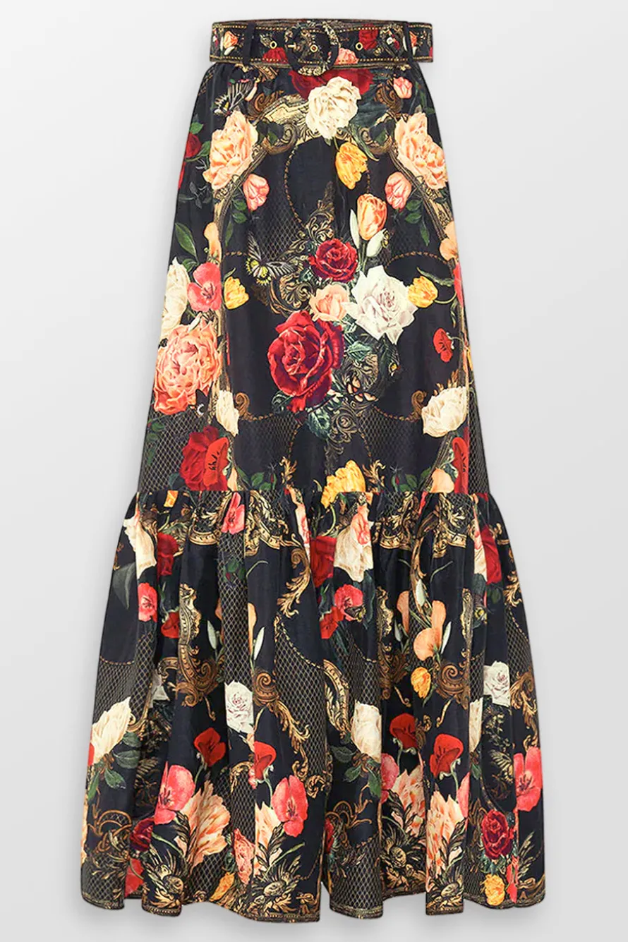 Deep Hem Frill Floral Maxi Skirt
