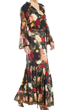 Deep Hem Frill Floral Maxi Skirt
