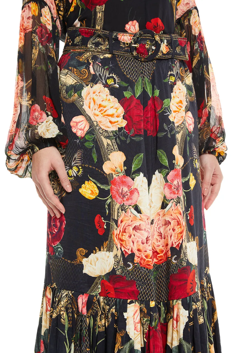 Deep Hem Frill Floral Maxi Skirt