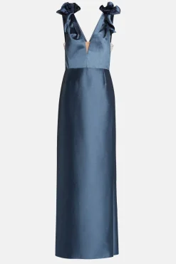 Deep V-Neck Sleeveless Silk Mikado Evening Gown in Blue