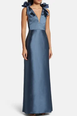 Deep V-Neck Sleeveless Silk Mikado Evening Gown in Blue