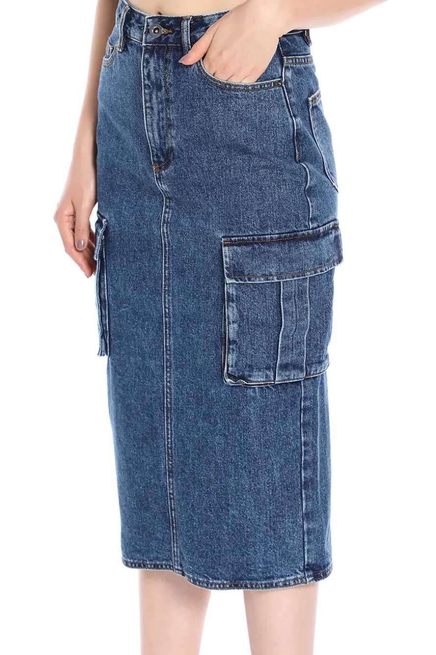 Denim Cargo Midi Skirt