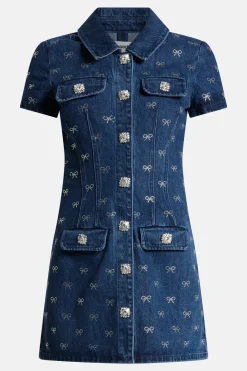 Denim Diamante Bow Cotton Mini Dress in Blue