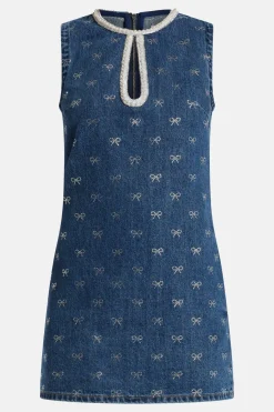 Denim Diamante Bow Sleeveless Cotton Mini Dress in Blue