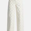 Diamante Bow Denim Flared Jeans in Cream