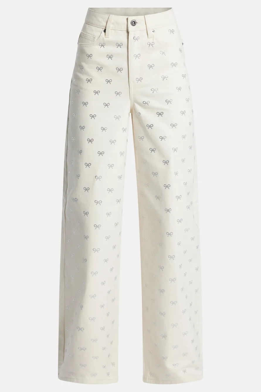 Diamante Bow Denim Flared Jeans in Cream