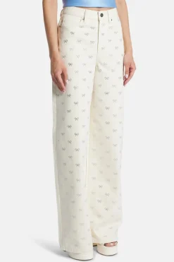 Diamante Bow Denim Flared Jeans in Cream