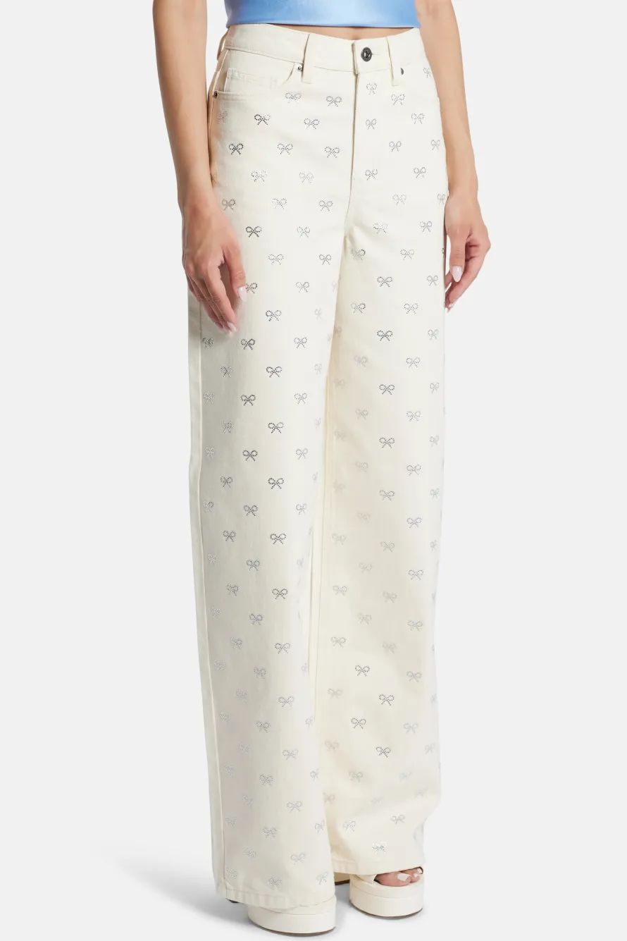 Diamante Bow Denim Flared Jeans in Cream