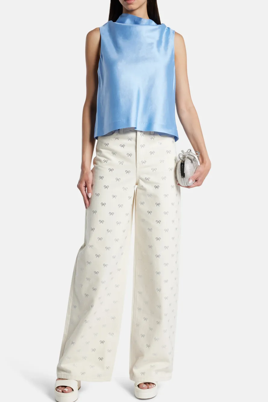 Diamante Bow Denim Flared Jeans in Cream