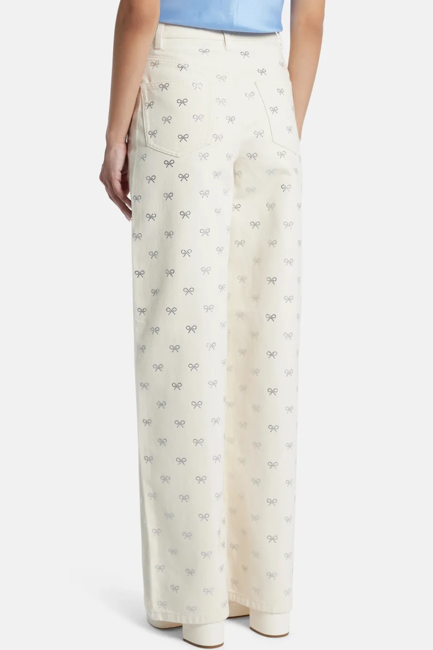 Diamante Bow Denim Flared Jeans in Cream