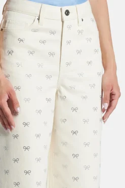 Diamante Bow Denim Flared Jeans in Cream