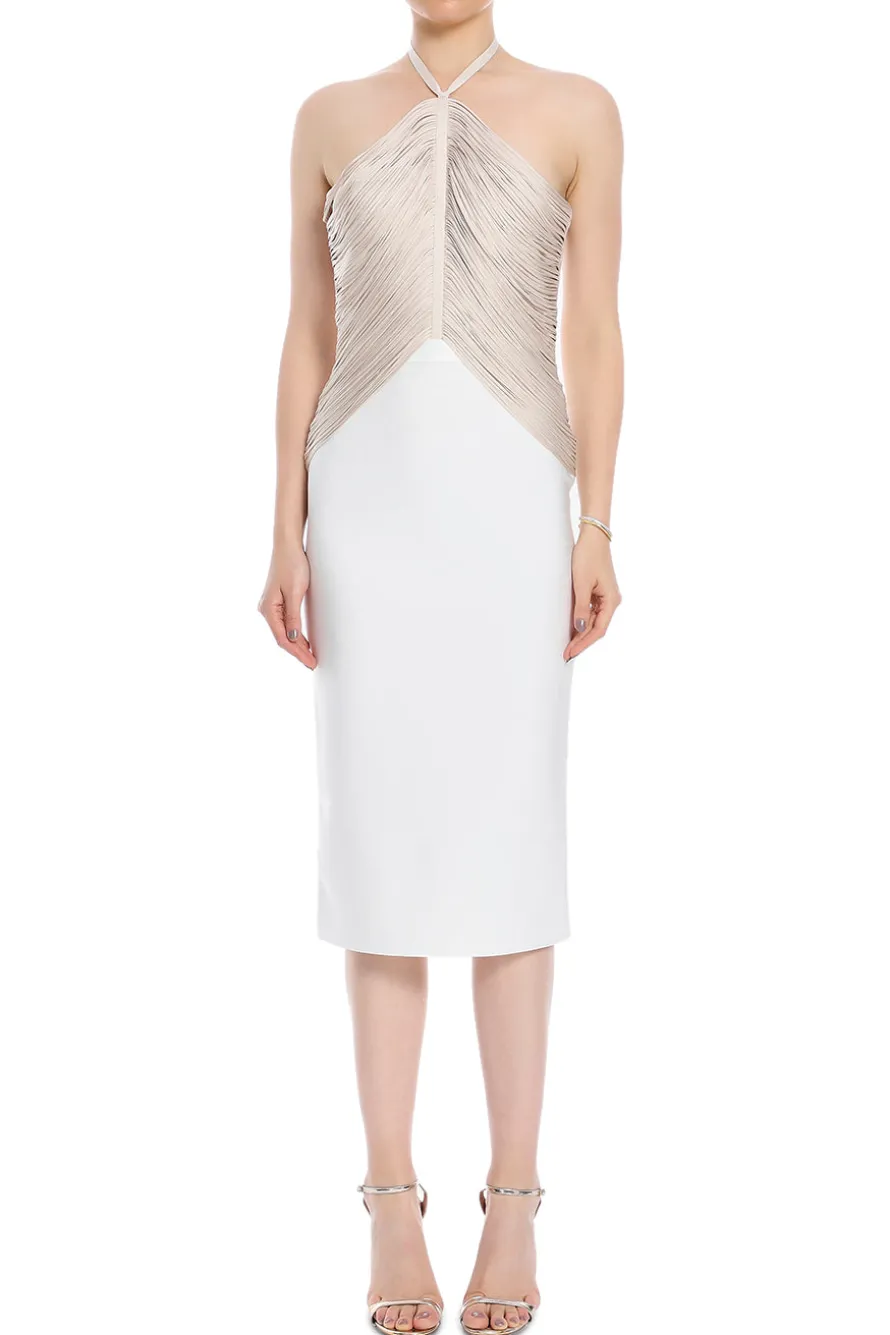 Draped Halter Fringe Midi Dress