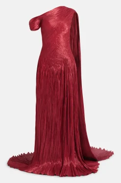 Draped Pleated Satin One Shoulder Cape Evening Gown in Red