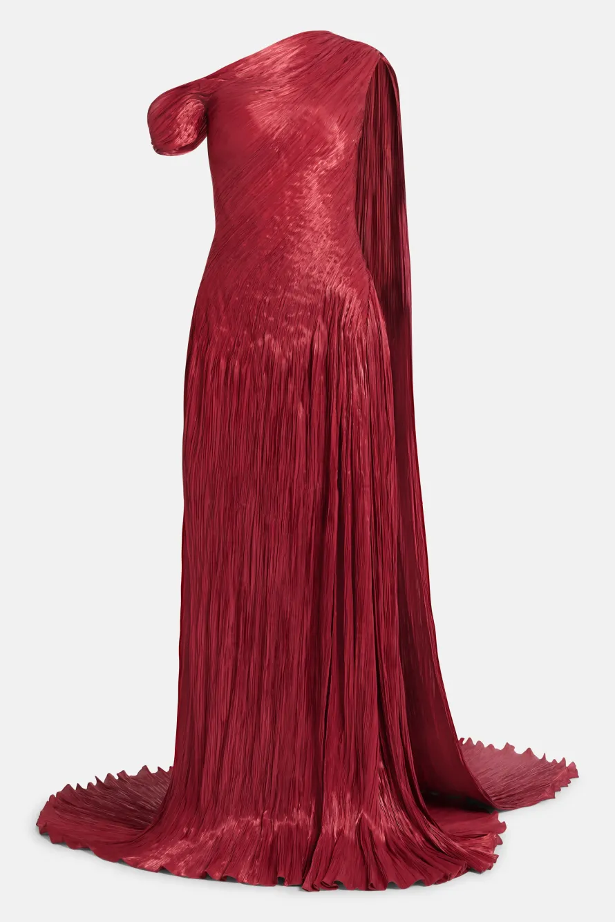 Draped Pleated Satin One Shoulder Cape Evening Gown in Red