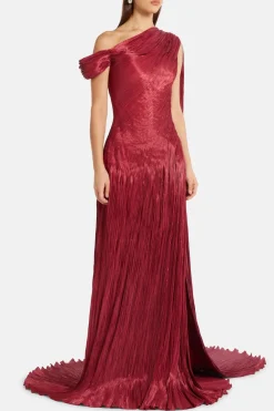 Draped Pleated Satin One Shoulder Cape Evening Gown in Red