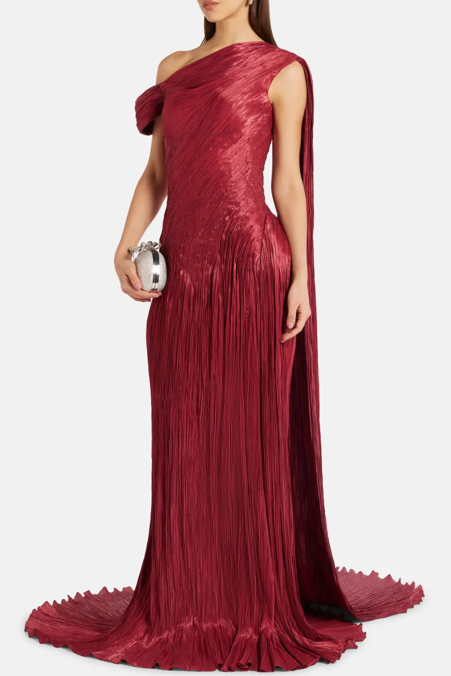 Draped Pleated Satin One Shoulder Cape Evening Gown in Red