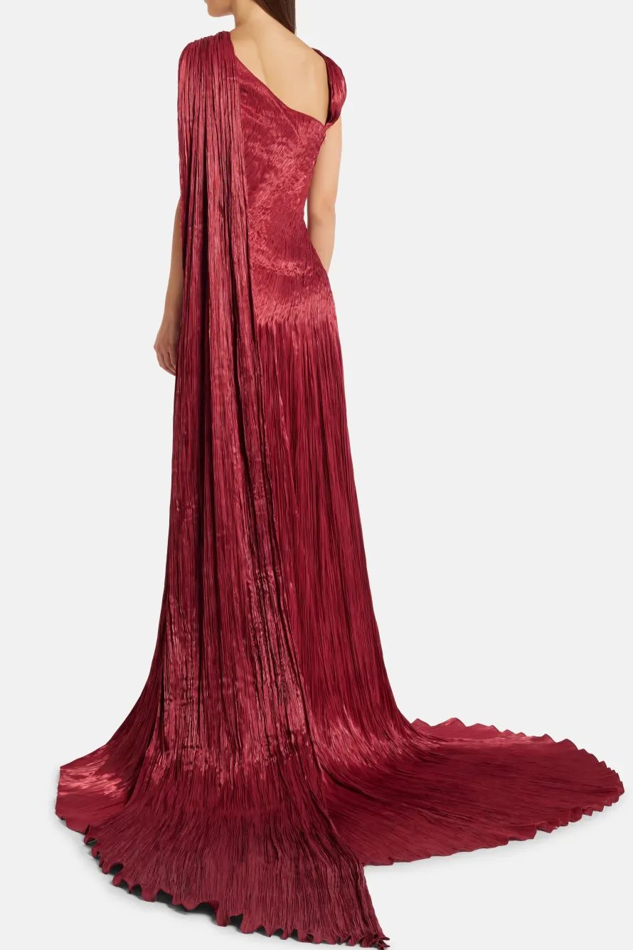 Draped Pleated Satin One Shoulder Cape Evening Gown in Red