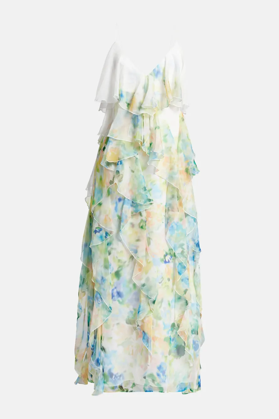 Dreamscape Frill Sleeveless Floral Midi Dress in White