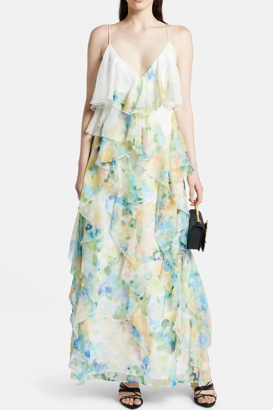 Dreamscape Frill Sleeveless Floral Midi Dress in White