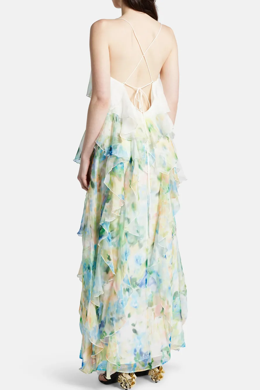 Dreamscape Frill Sleeveless Floral Midi Dress in White