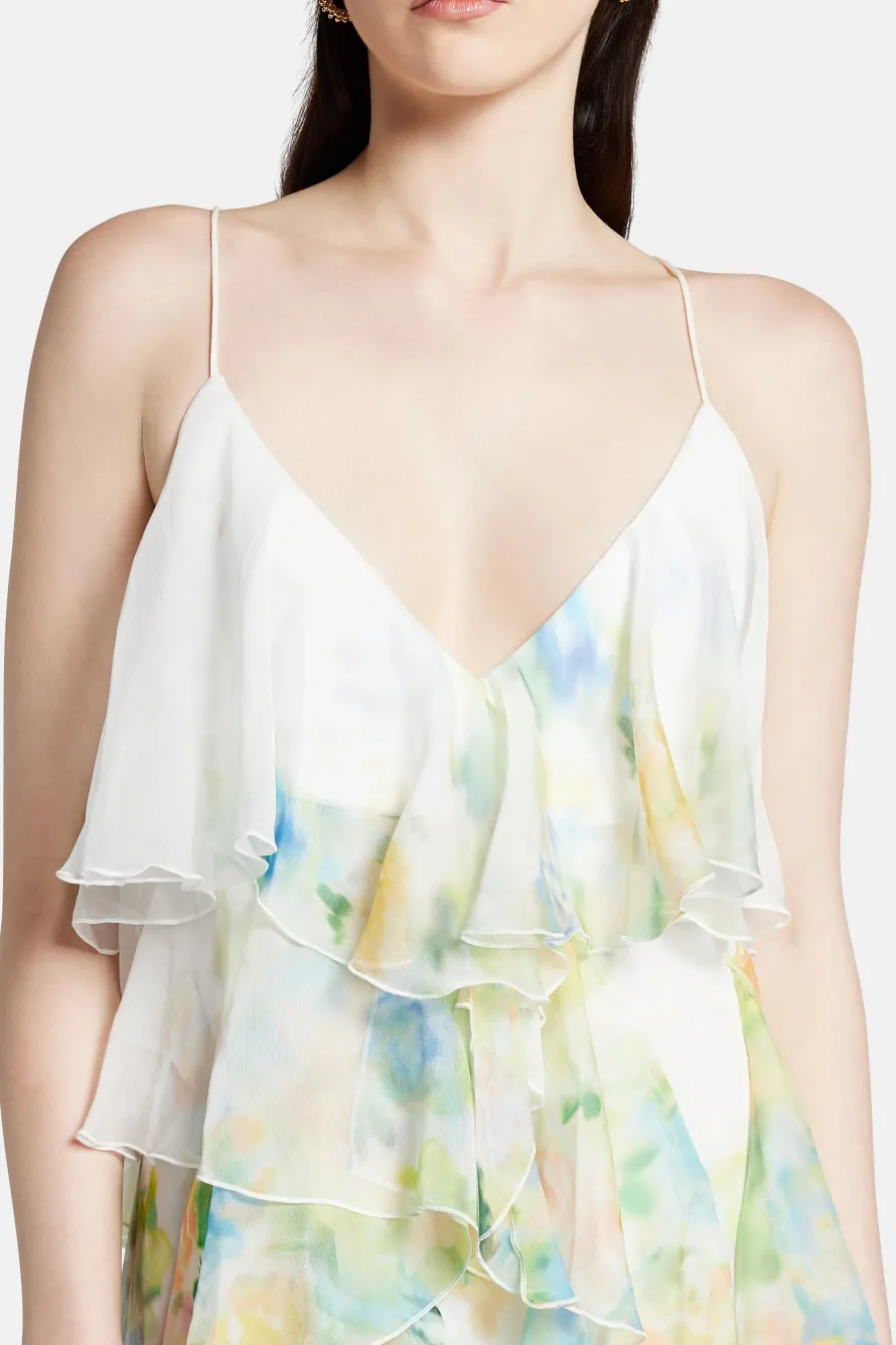 Dreamscape Frill Sleeveless Floral Midi Dress in White
