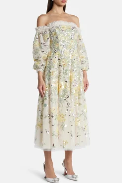 Elina Rose Off Shoulder Ballerina Floral Sequin Midi Dress in Cream