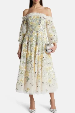Elina Rose Off Shoulder Ballerina Floral Sequin Midi Dress in Cream
