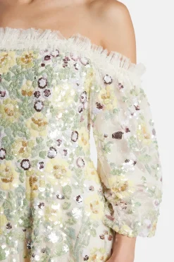Elina Rose Off Shoulder Ballerina Floral Sequin Midi Dress in Cream