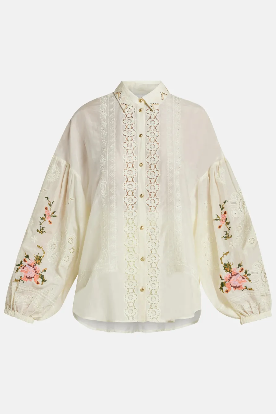 Embroidered Balloon Sleeve Shirt Blouse