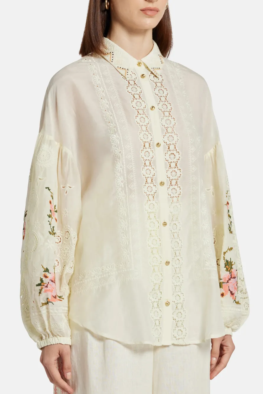 Embroidered Balloon Sleeve Shirt Blouse