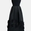 Floral Applique V Neck Sleeveless Silk Blend Evening Gown in Black