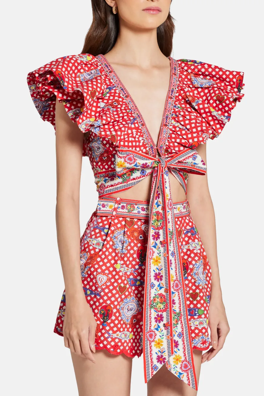 Floral Ruffle V Neck Wrap Cotton Top in Red
