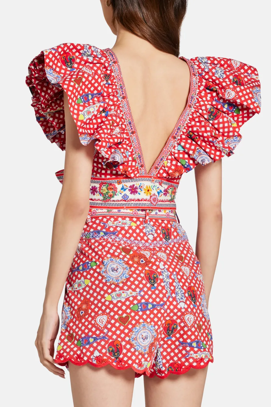 Floral Ruffle V Neck Wrap Cotton Top in Red