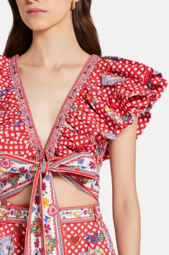 Floral Ruffle V Neck Wrap Cotton Top in Red